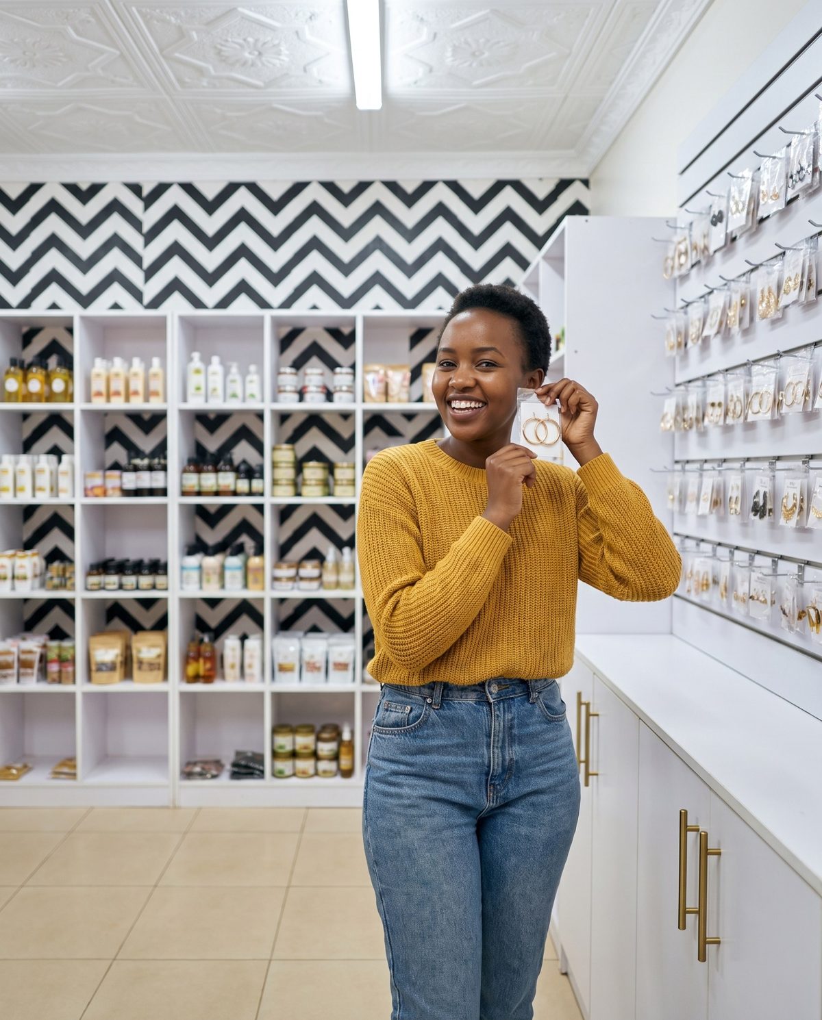 A shopper holding up gold hoop earrings at Kaylin Haven